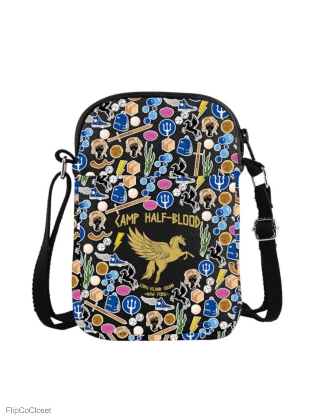 Canvas Crossbody Bag Greek Mythology Print Adjustable Strap Zippered Travel